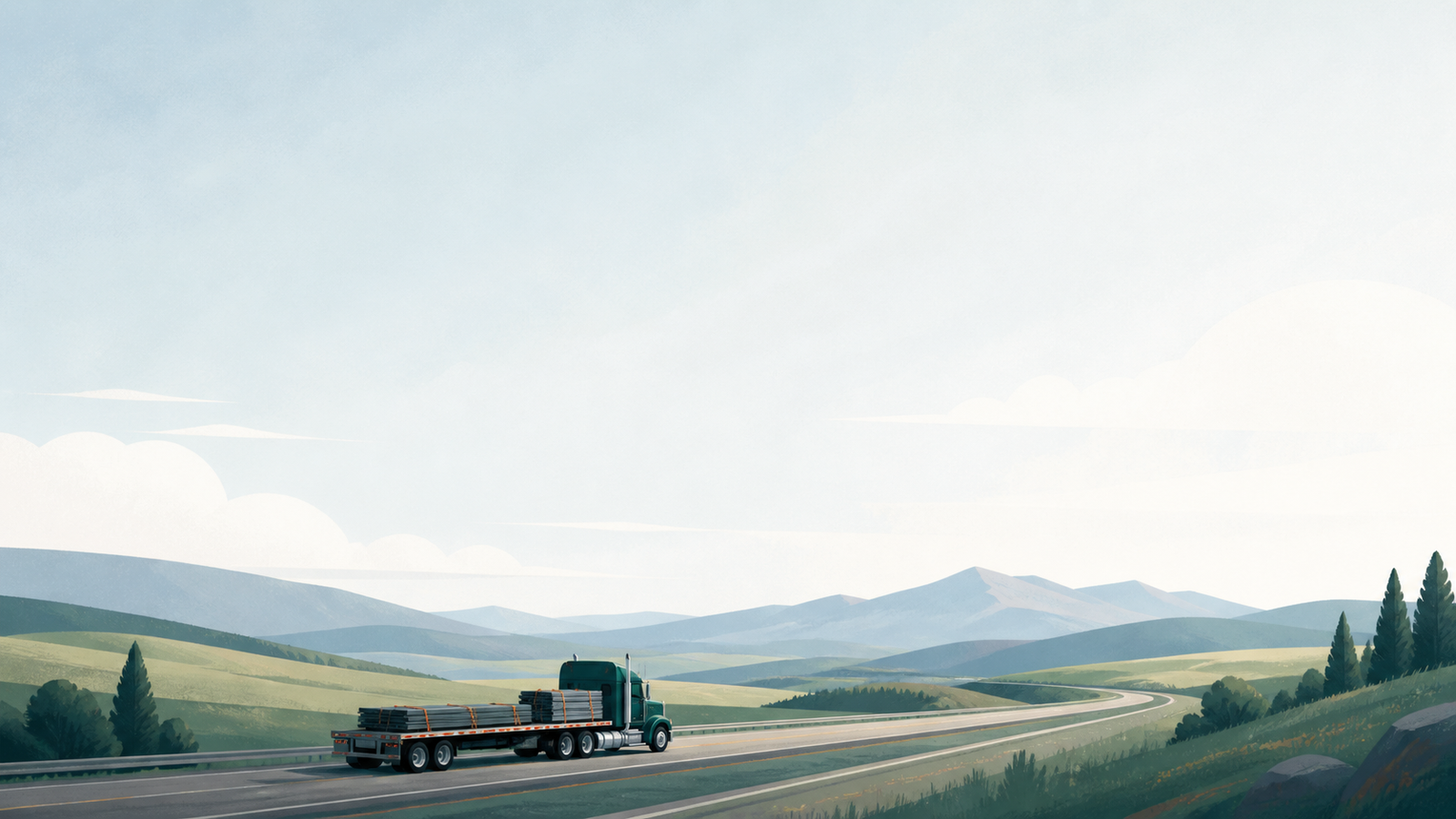 Illustration of a flatbed truck crossing a wide American landscape
